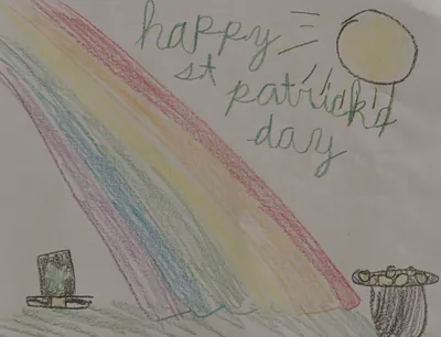 A hand-drawn St Patrick's Day card: a wide rainbow arcs from a leprechaun's hat down to a pot of gold, with a yellow sun above and the words happy st patrick's day.