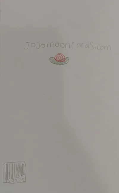The back of one of Jojo's cards: jojomooncards.com written in pencil above a small drawn rose, with a hand-drawn barcode in the bottom corner.
